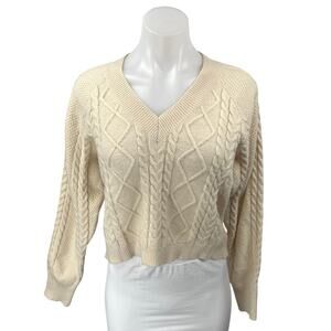 Elodie Women's Cream Cable Knit V Neck Cropped Long Sleeve Sweater Top Size S